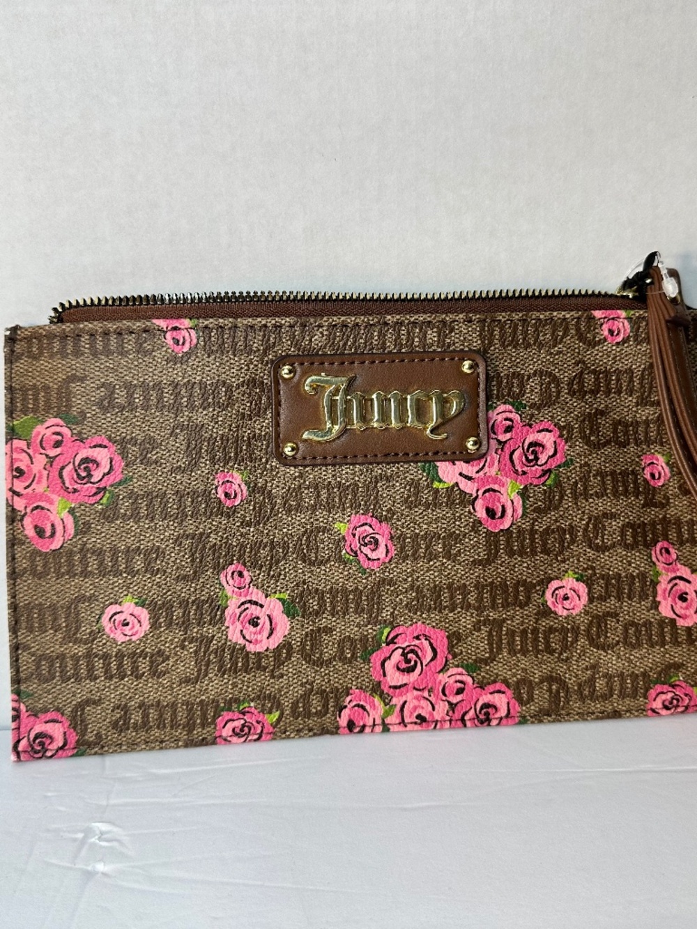 Juicy Couture Pink Bloom Brown Gothic Monogram Rose Wristlet Clutch - NWT